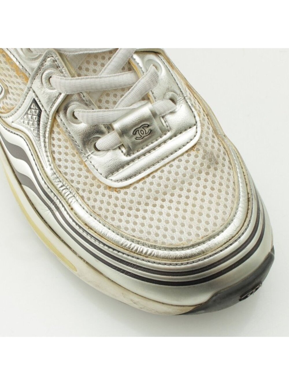 Chanel Mesh CC Logo Sneakers Low Cut Silver White - Picture 6 of 10